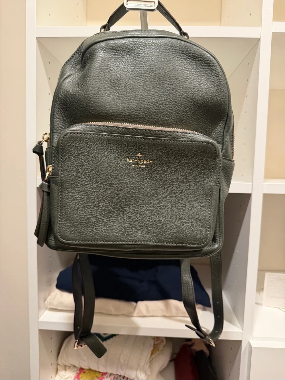 kate spade dark green pebbled leather backpack with front pocket